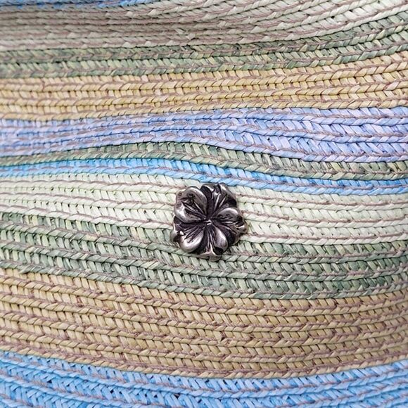 Flora Bella Pastel Floppy Wide Brim Straw‎ Beach Sun Hat Blue Green Striped - Picture 2 of 8
